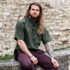 Leonardo Carbone Chemise Médiévale Avec Manches Courtes, Vert -Tudor Soldes Magasin chemise medievale avec manches courtes vert 2
